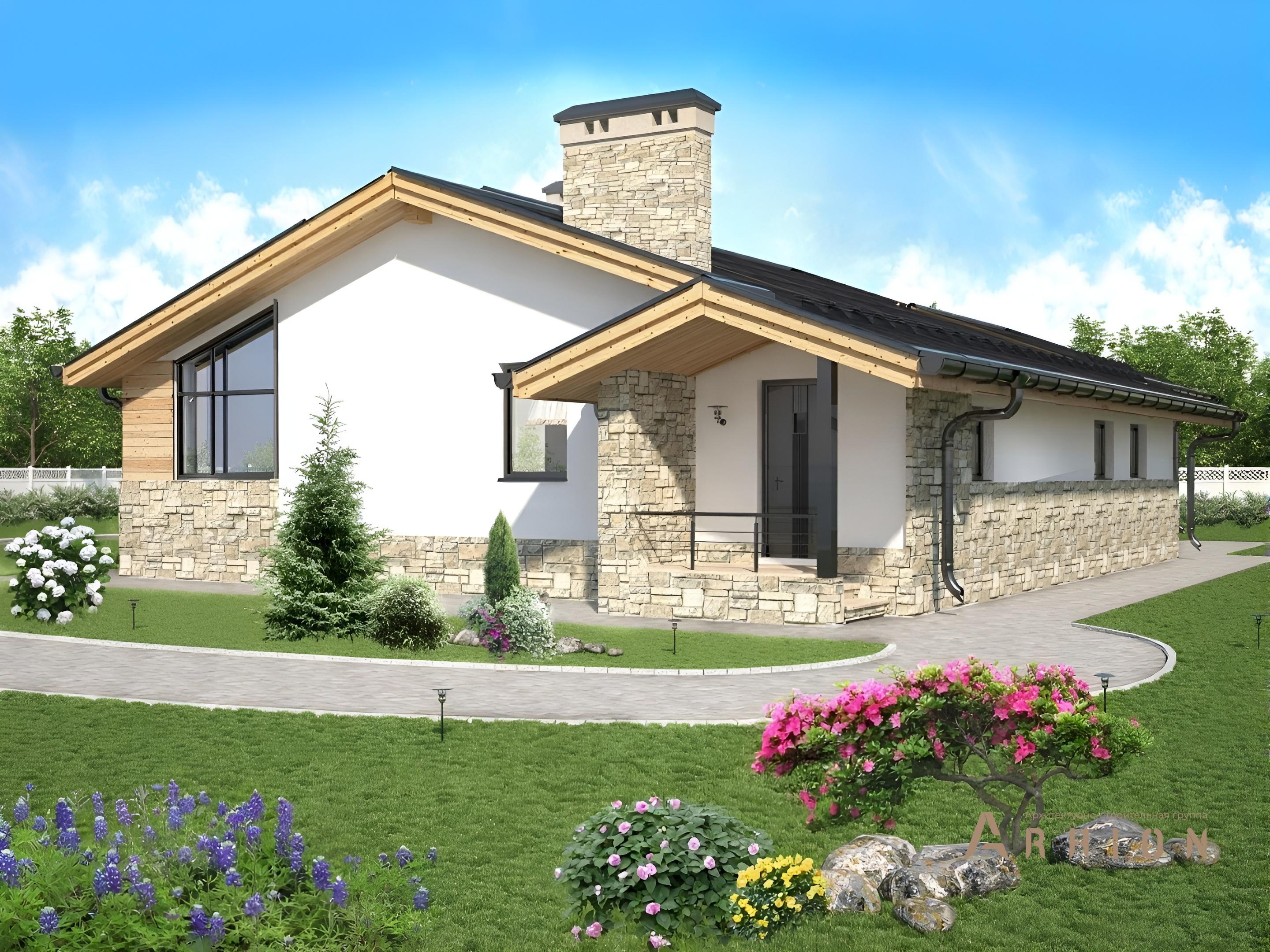 2. Проект одноэтажного дома в альпийском стиле с двускатной кровлей, cp-60-81, площадью - 268 кв c сауной, терассой